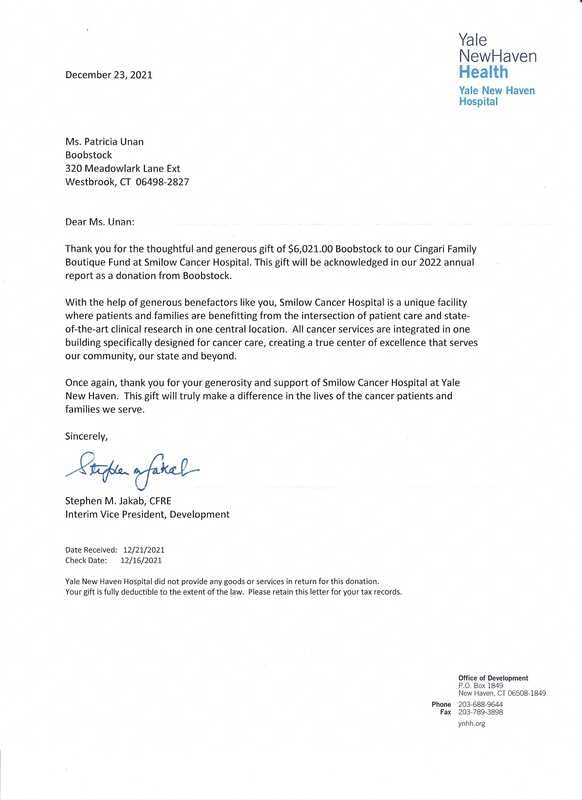Thank you letter from Smilow Cancer Center — 2021