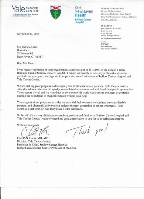 Thank you letter from Yale Cancer Center — 2019